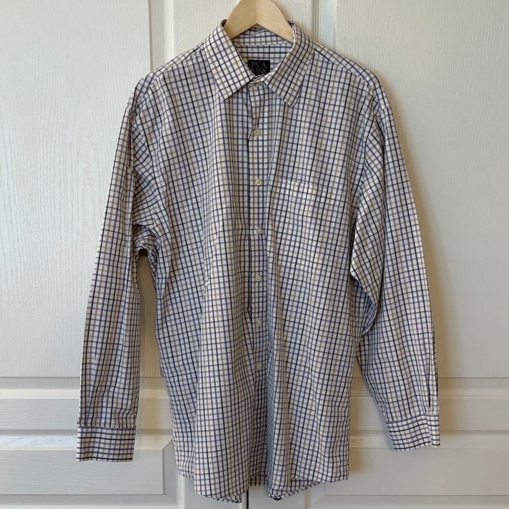 Jos. A. Bank Traveller’s Collection Purple and White Plaid Dress Shirt